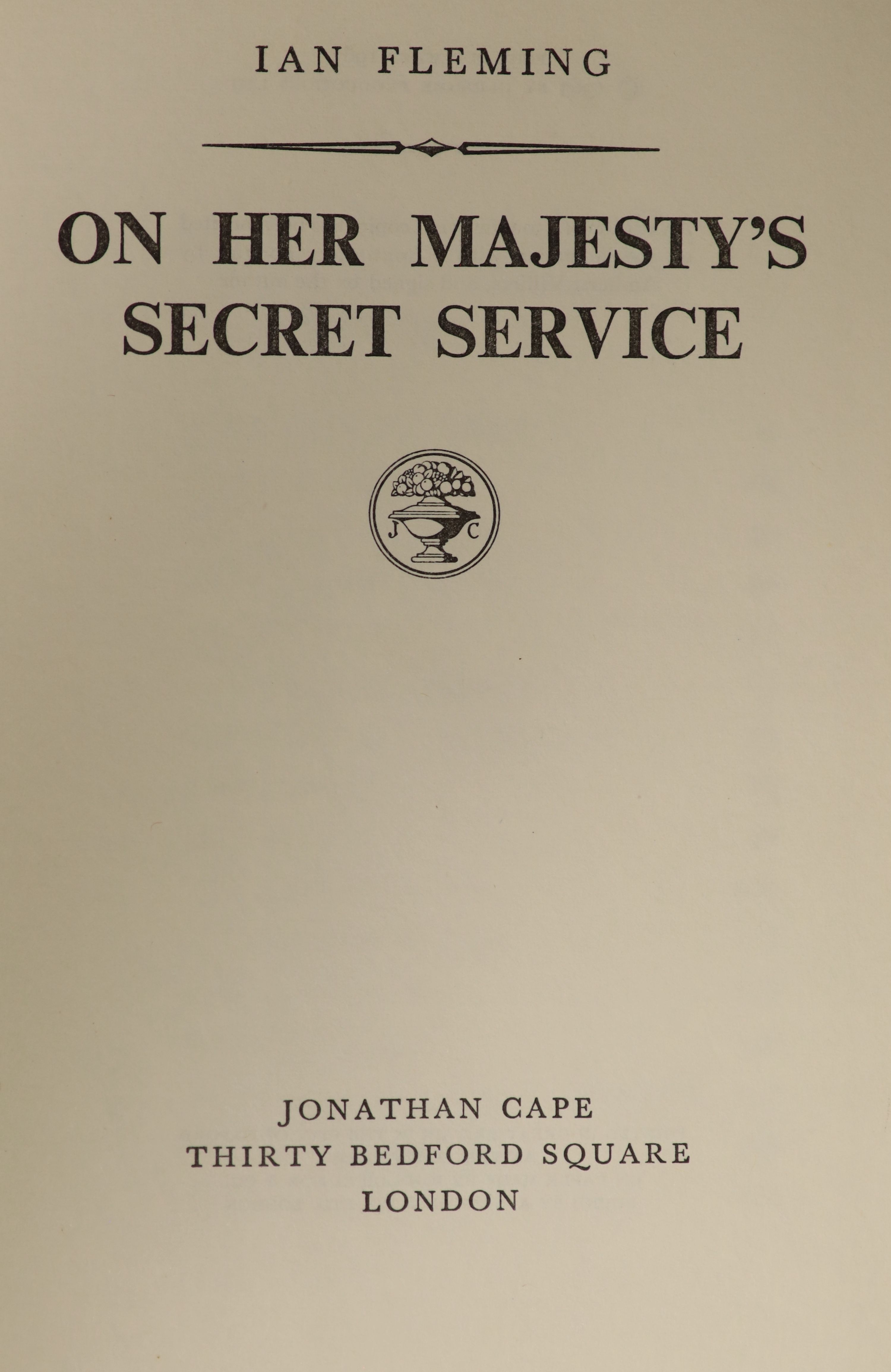 Fleming, Ian - On Her Majesty’s Secret Service, 1st edition, with unclipped d/j designed by Richard Chopping, original dark brown cloth with ski motif to front board, London, 1963; and From Russia With Love, 4th impressi